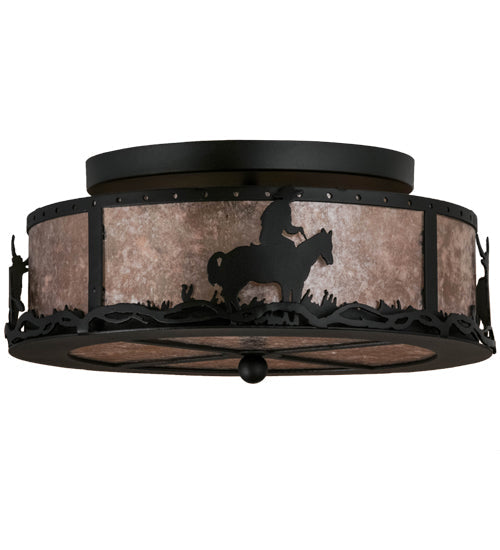 Meyda Lighting Cowboy & Steer 16" 2-Light Textured Black Flush Mount Light With Silver Mica Shade Glass