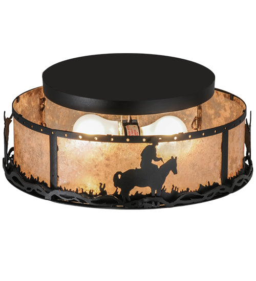 Meyda Lighting Cowboy & Steer 16" 2-Light Textured Black Flush Mount Light With Silver Mica Shade Glass