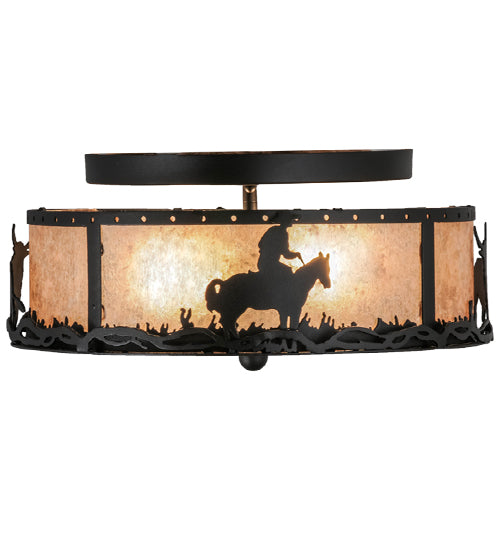Meyda Lighting Cowboy & Steer 16" 2-Light Textured Black Flush Mount Light With Silver Mica Shade Glass