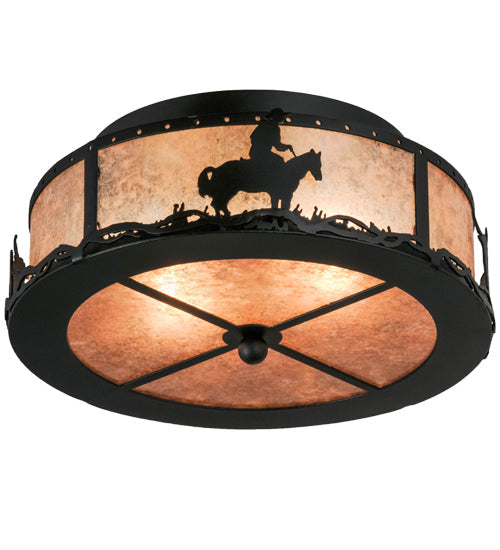 Meyda Lighting Cowboy & Steer 16" 2-Light Textured Black Flush Mount Light With Silver Mica Shade Glass