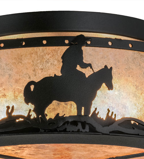 Meyda Lighting Cowboy & Steer 16" 2-Light Textured Black Flush Mount Light With Silver Mica Shade Glass