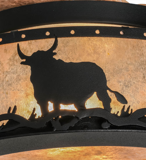 Meyda Lighting Cowboy & Steer 16" 2-Light Textured Black Flush Mount Light With Silver Mica Shade Glass