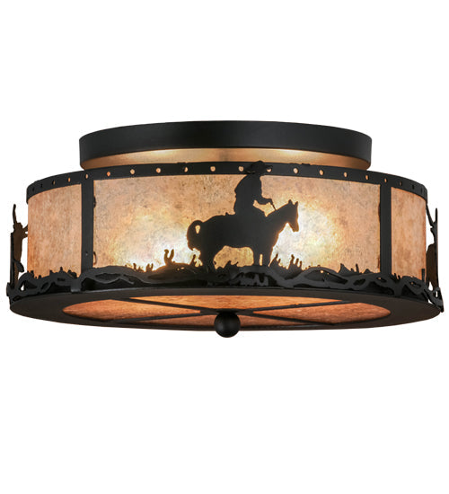 Meyda Lighting Cowboy & Steer 16" 2-Light Textured Black Flush Mount Light With Silver Mica Shade Glass