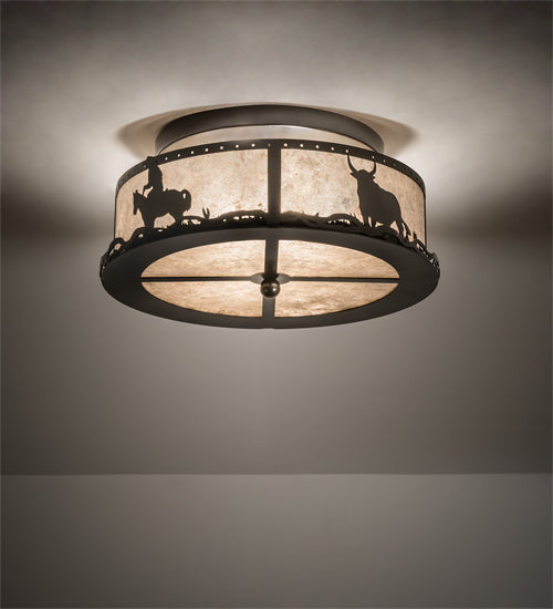 Meyda Lighting Cowboy & Steer 16" 2-Light Timeless Bronze Flush Mount Light With Silver Mica Shade Glass