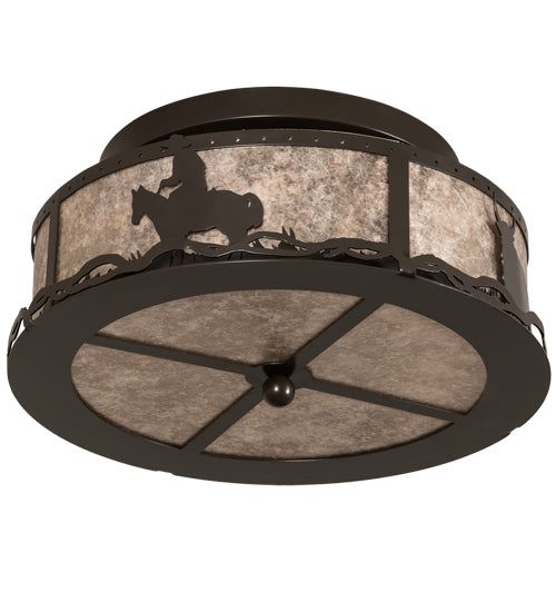 Meyda Lighting Cowboy & Steer 16" 2-Light Timeless Bronze Flush Mount Light With Silver Mica Shade Glass