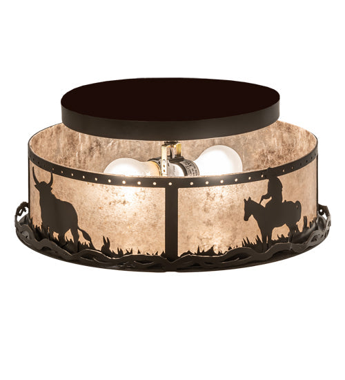 Meyda Lighting Cowboy & Steer 16" 2-Light Timeless Bronze Flush Mount Light With Silver Mica Shade Glass