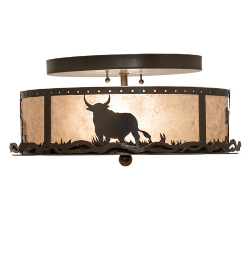 Meyda Lighting Cowboy & Steer 16" 2-Light Timeless Bronze Flush Mount Light With Silver Mica Shade Glass