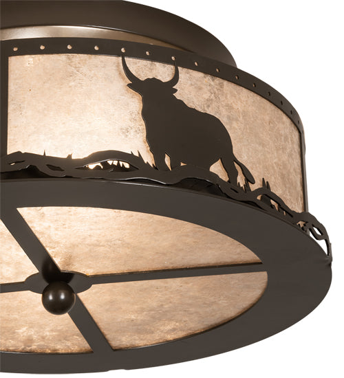 Meyda Lighting Cowboy & Steer 16" 2-Light Timeless Bronze Flush Mount Light With Silver Mica Shade Glass