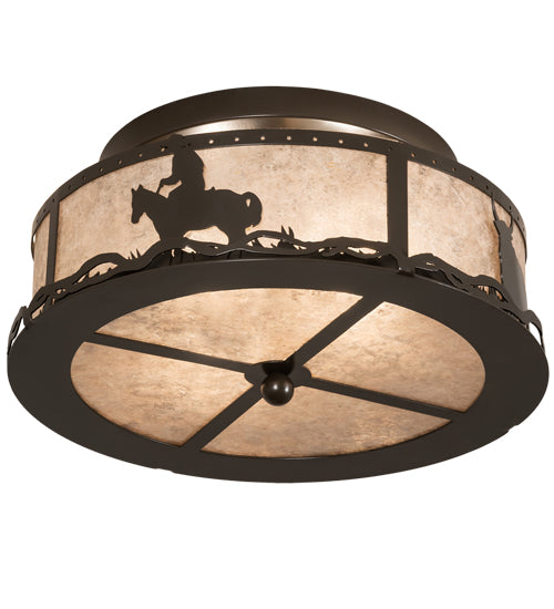Meyda Lighting Cowboy & Steer 16" 2-Light Timeless Bronze Flush Mount Light With Silver Mica Shade Glass