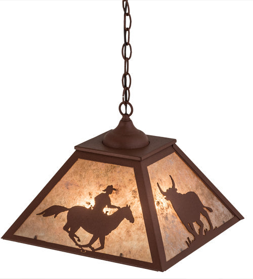 Meyda Lighting Cowboy & Steer 22" 2-Light Rust Pendant Light With Silver Mica Shade Glass