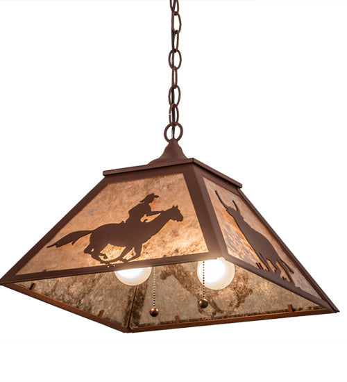 Meyda Lighting Cowboy & Steer 22" 2-Light Rust Pendant Light With Silver Mica Shade Glass