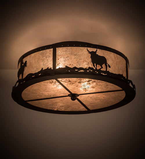 Meyda Lighting Cowboy & Steer 22" 2-Light Textured Black Flush Mount Light With Silver Mica Shade Glass