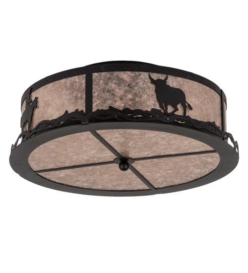 Meyda Lighting Cowboy & Steer 22" 2-Light Textured Black Flush Mount Light With Silver Mica Shade Glass