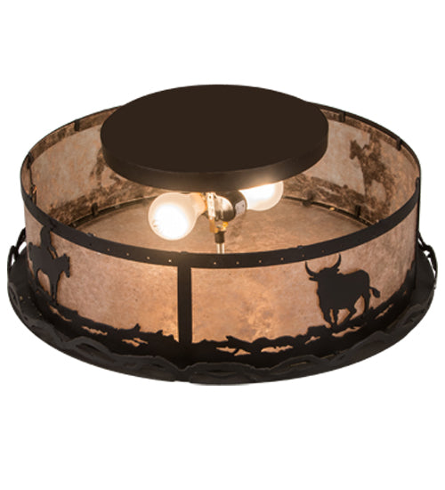Meyda Lighting Cowboy & Steer 22" 2-Light Textured Black Flush Mount Light With Silver Mica Shade Glass