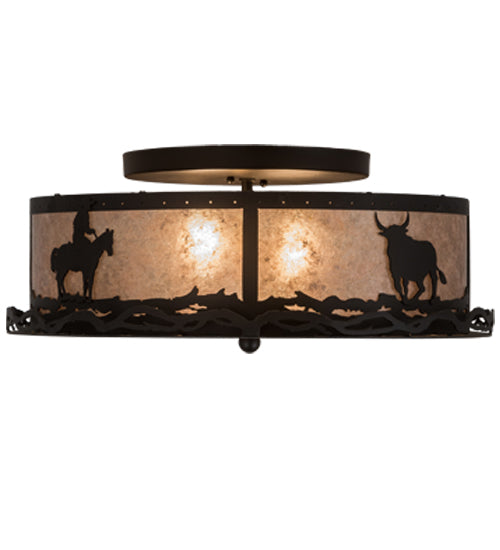 Meyda Lighting Cowboy & Steer 22" 2-Light Textured Black Flush Mount Light With Silver Mica Shade Glass