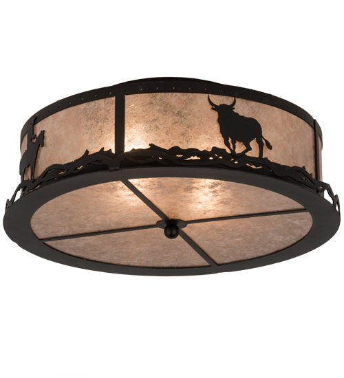 Meyda Lighting Cowboy & Steer 22" 2-Light Textured Black Flush Mount Light With Silver Mica Shade Glass