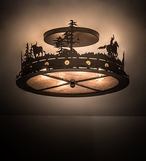 Meyda Lighting Cowboy & Steer 22" 4-Light Bronze Flush Mount Light With Silver Mica Shade Glass