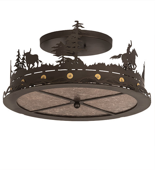 Meyda Lighting Cowboy & Steer 22" 4-Light Bronze Flush Mount Light With Silver Mica Shade Glass