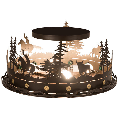 Meyda Lighting Cowboy & Steer 22" 4-Light Bronze Flush Mount Light With Silver Mica Shade Glass