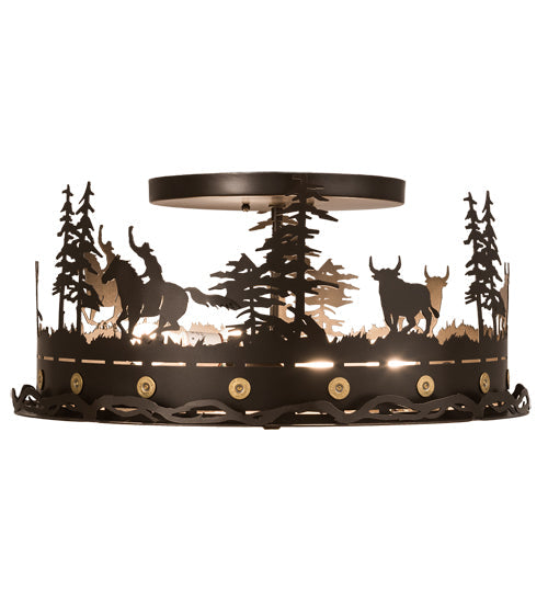 Meyda Lighting Cowboy & Steer 22" 4-Light Bronze Flush Mount Light With Silver Mica Shade Glass
