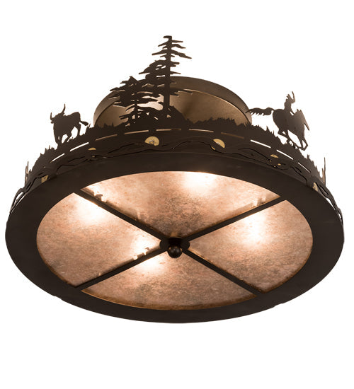 Meyda Lighting Cowboy & Steer 22" 4-Light Bronze Flush Mount Light With Silver Mica Shade Glass