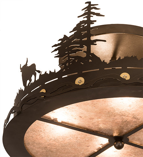 Meyda Lighting Cowboy & Steer 22" 4-Light Bronze Flush Mount Light With Silver Mica Shade Glass