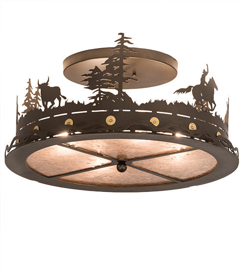 Meyda Lighting Cowboy & Steer 22" 4-Light Bronze Flush Mount Light With Silver Mica Shade Glass