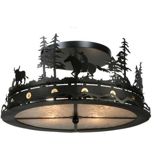 Meyda Lighting Cowboy & Steer 22" 4-Light Textured Black Flush Mount Light With Silver Mica Shade Glass