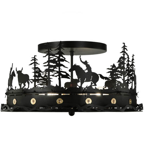 Meyda Lighting Cowboy & Steer 22" 4-Light Textured Black Flush Mount Light With Silver Mica Shade Glass