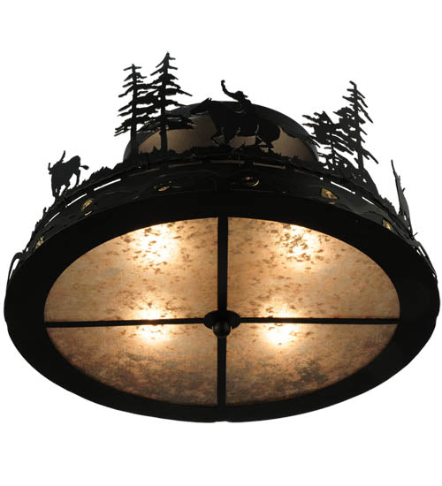 Meyda Lighting Cowboy & Steer 22" 4-Light Textured Black Flush Mount Light With Silver Mica Shade Glass