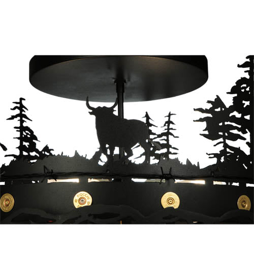 Meyda Lighting Cowboy & Steer 22" 4-Light Textured Black Flush Mount Light With Silver Mica Shade Glass