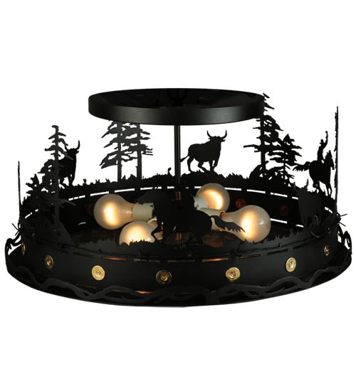 Meyda Lighting Cowboy & Steer 22" 4-Light Textured Black Flush Mount Light With Silver Mica Shade Glass