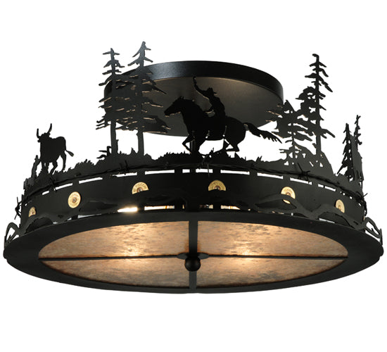 Meyda Lighting Cowboy & Steer 22" 4-Light Textured Black Flush Mount Light With Silver Mica Shade Glass