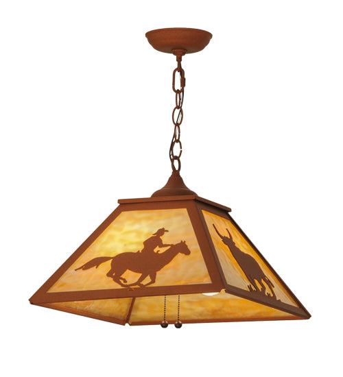 Meyda Lighting Cowboy & Steer 23" 2-Light Earth Pendant Light With Beige Art Shade Glass