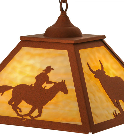 Meyda Lighting Cowboy & Steer 23" 2-Light Earth Pendant Light With Beige Art Shade Glass