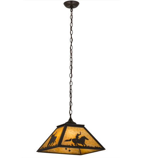 Meyda Lighting Cowboy & Steer 23" 2-Light Timeless Bronze Pendant Light With Beige Shade Glass