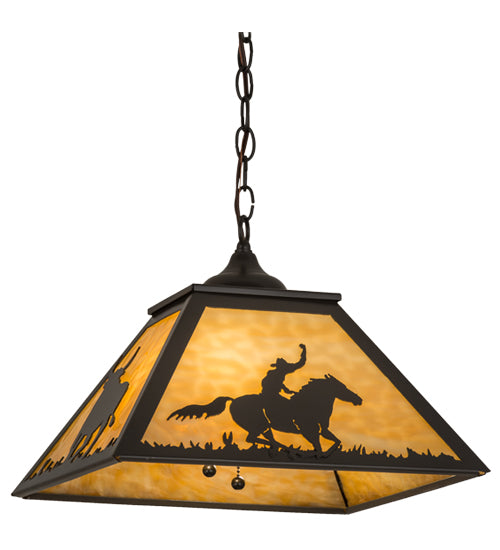 Meyda Lighting Cowboy & Steer 23" 2-Light Timeless Bronze Pendant Light With Beige Shade Glass