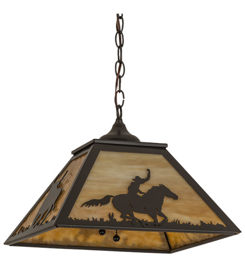 Meyda Lighting Cowboy & Steer 23" 2-Light Timeless Bronze Pendant Light With Beige Shade Glass