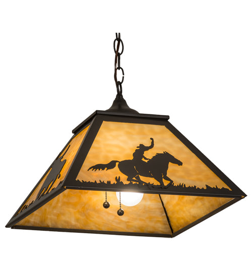 Meyda Lighting Cowboy & Steer 23" 2-Light Timeless Bronze Pendant Light With Beige Shade Glass