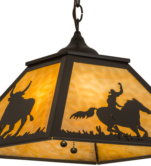 Meyda Lighting Cowboy & Steer 23" 2-Light Timeless Bronze Pendant Light With Beige Shade Glass