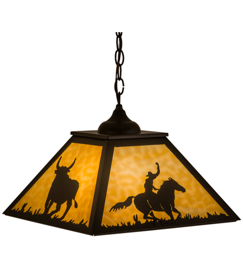 Meyda Lighting Cowboy & Steer 23" 2-Light Timeless Bronze Pendant Light With Beige Shade Glass