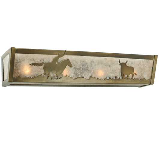 Meyda Lighting Cowboy & Steer 24" 4-Light Antique Copper Vanity Light With Silver Mica Shade Glass