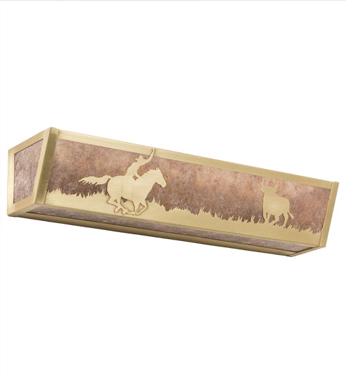 Meyda Lighting Cowboy & Steer 24" 4-Light Natural Brass Vanity Light With Silver Mica Shade Glass