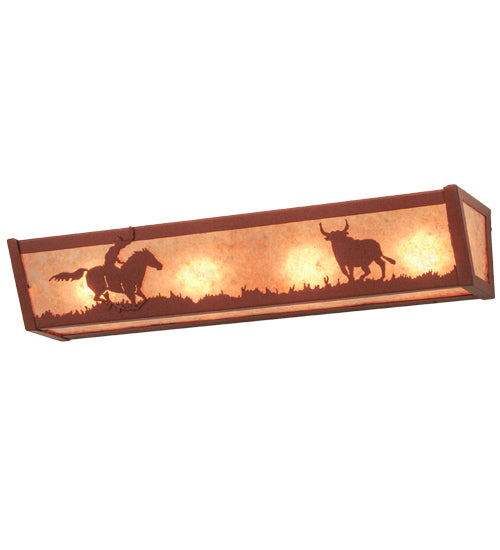 Meyda Lighting Cowboy & Steer 24" 4-Light Rust Vanity Light With Silver Mica Shade Glass