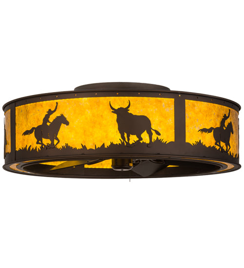 Meyda Lighting Cowboy & Steer 36" Mahogany Bronze Chandelier With Amber Mica Shade Glass