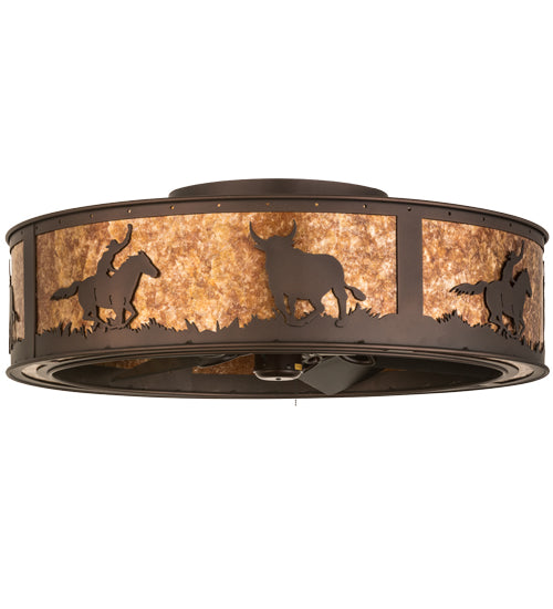 Meyda Lighting Cowboy & Steer 36" Mahogany Bronze Chandelier With Amber Mica Shade Glass