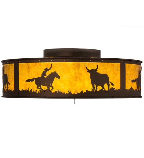 Meyda Lighting Cowboy & Steer 36" Mahogany Bronze Chandelier With Amber Mica Shade Glass