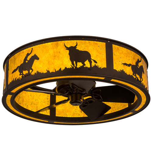 Meyda Lighting Cowboy & Steer 36" Mahogany Bronze Chandelier With Amber Mica Shade Glass