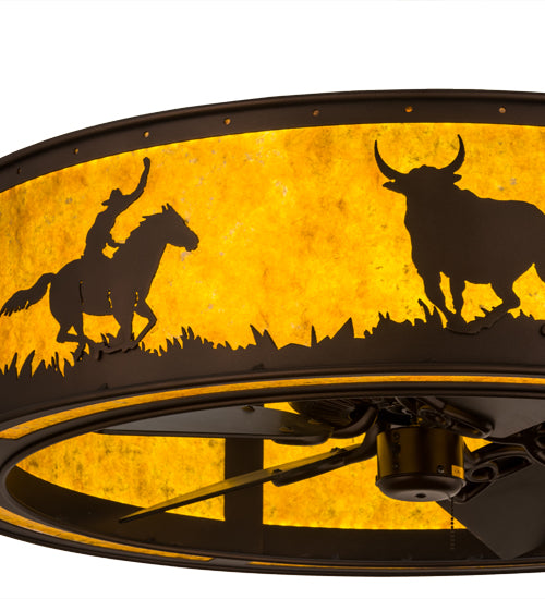Meyda Lighting Cowboy & Steer 36" Mahogany Bronze Chandelier With Amber Mica Shade Glass