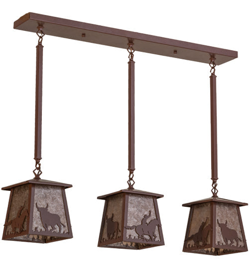 Meyda Lighting Cowboy & Steer 37" 3-Light Rust Island Pendant Light With Silver Mica Shade Glass